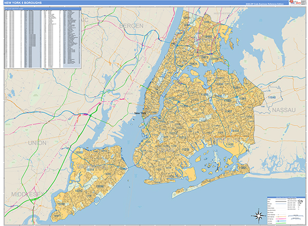 New York 5 Boroughs Metro Area Digital Map Basic Style
